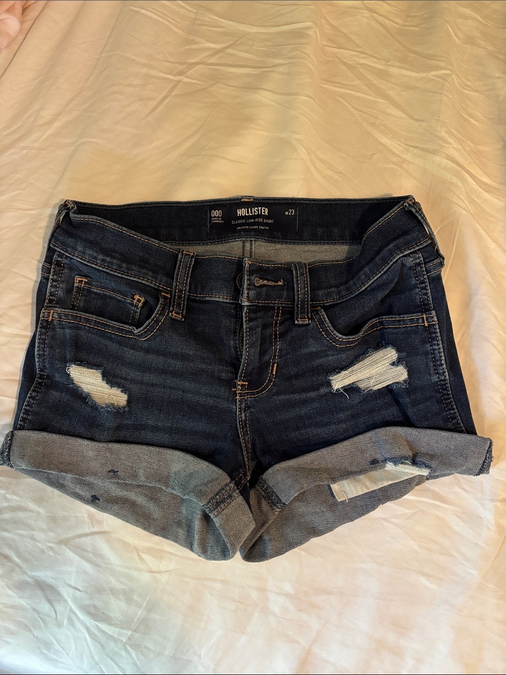 Hollister Dark Indigo Distressed Rolled Hem Denim Shorts